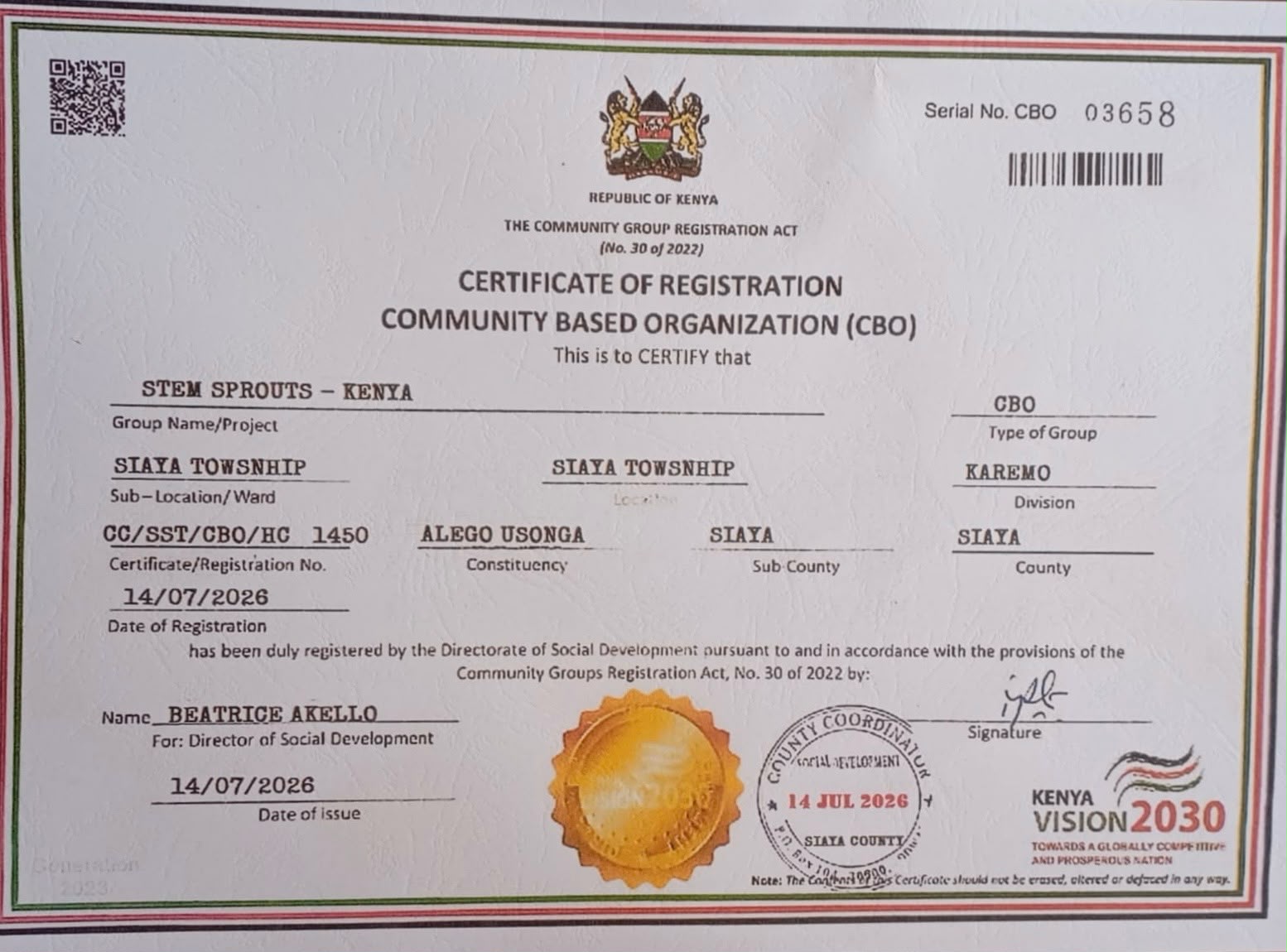 STEM Sprouts Kenya Certificate of Registration as a Community Based Organization, issued by the Republic of Kenya